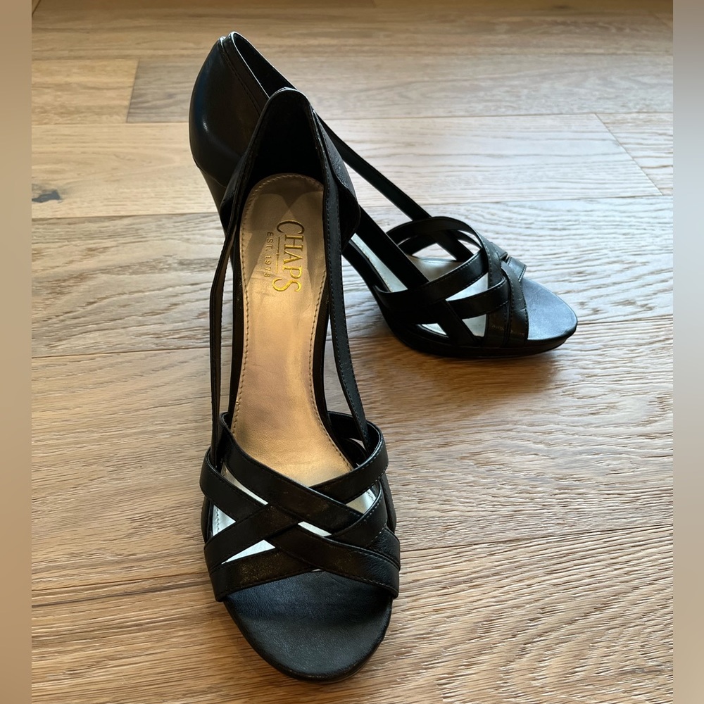 NWOT Chaps Black Echo Peep Toe Heels Sandals - size 8.5